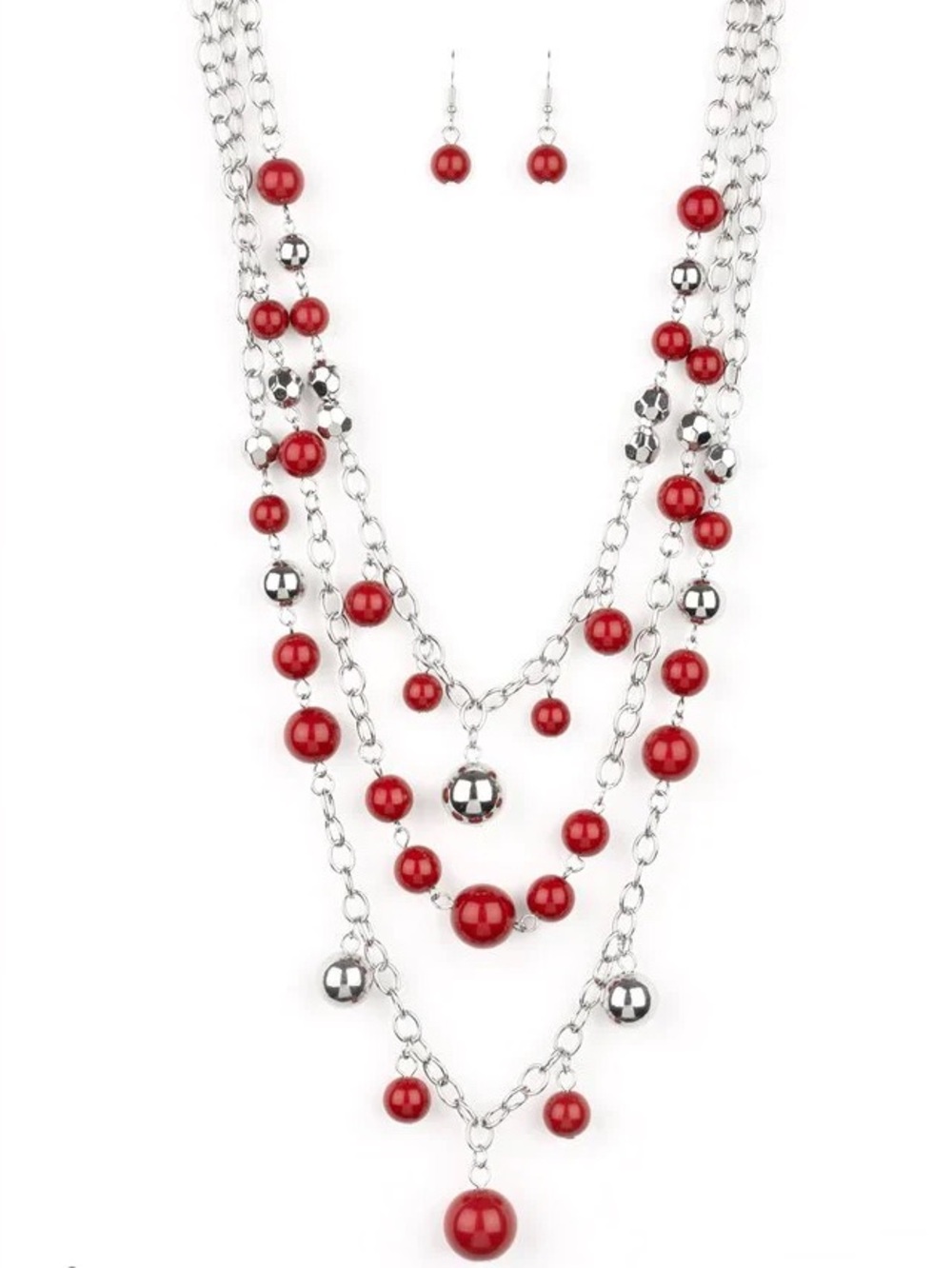 🍍Timeless Layered Red and Silver Bead Pendant Necklace - Picture 3 of 4